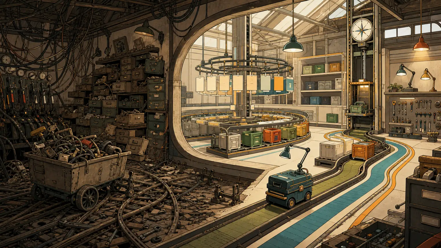 A tangled railway signal room becomes a clean tool library of blank cards, routed crates, adjustable lamps, and a compass-guided lift