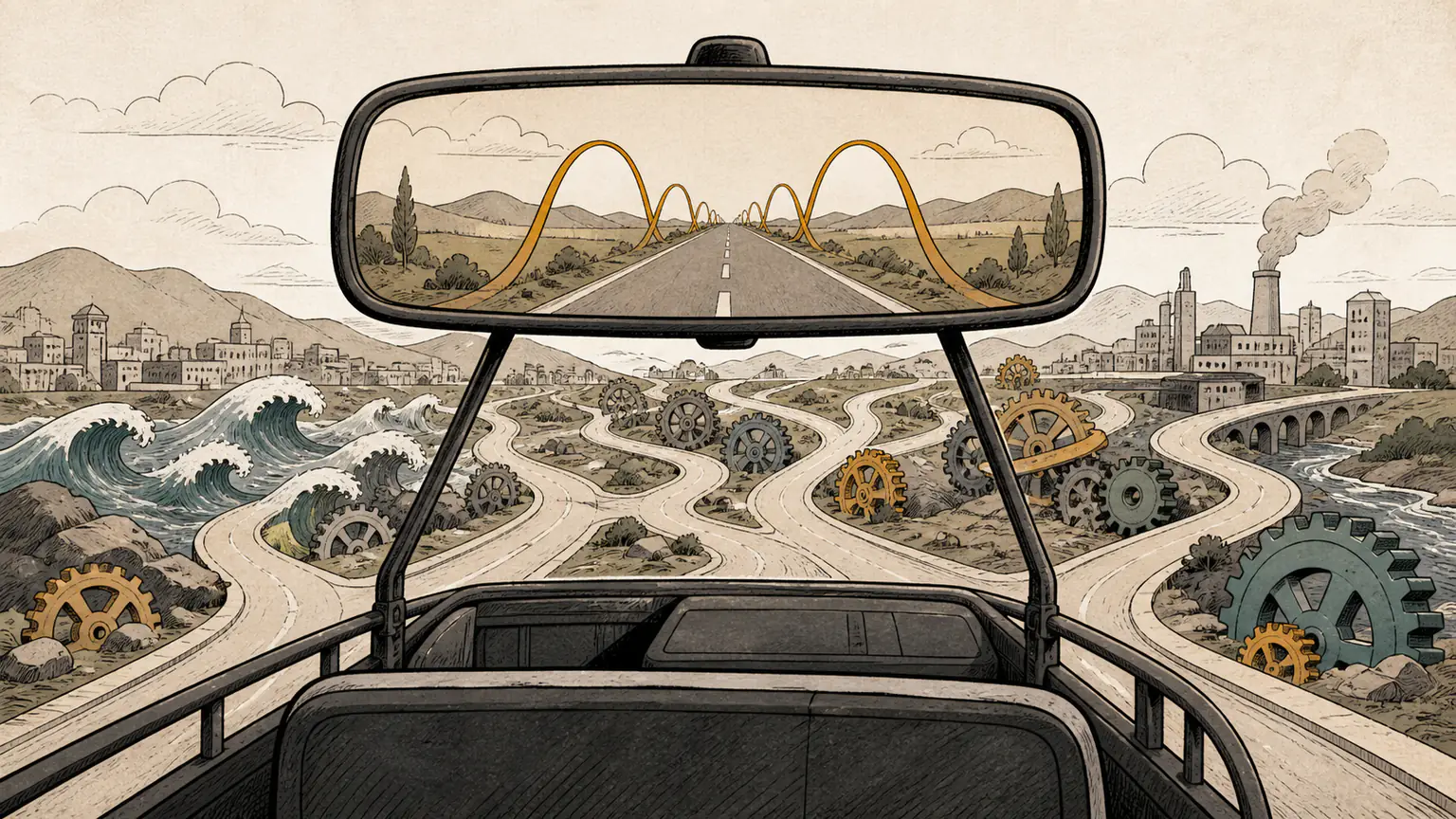 An economic road looks smooth and orderly in a rear-view mirror while the road ahead divides among interlocking gears, waves, and uncertain branches