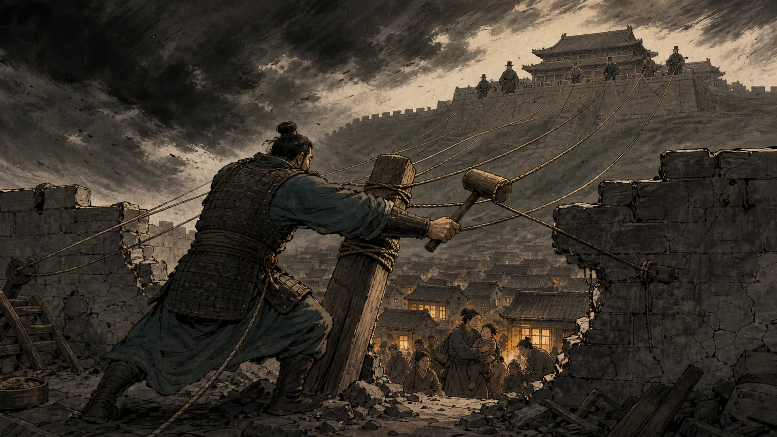 A frontier commander repairs a breach in the wall while ropes from the court pull his tools in conflicting directions and civilians shelter below