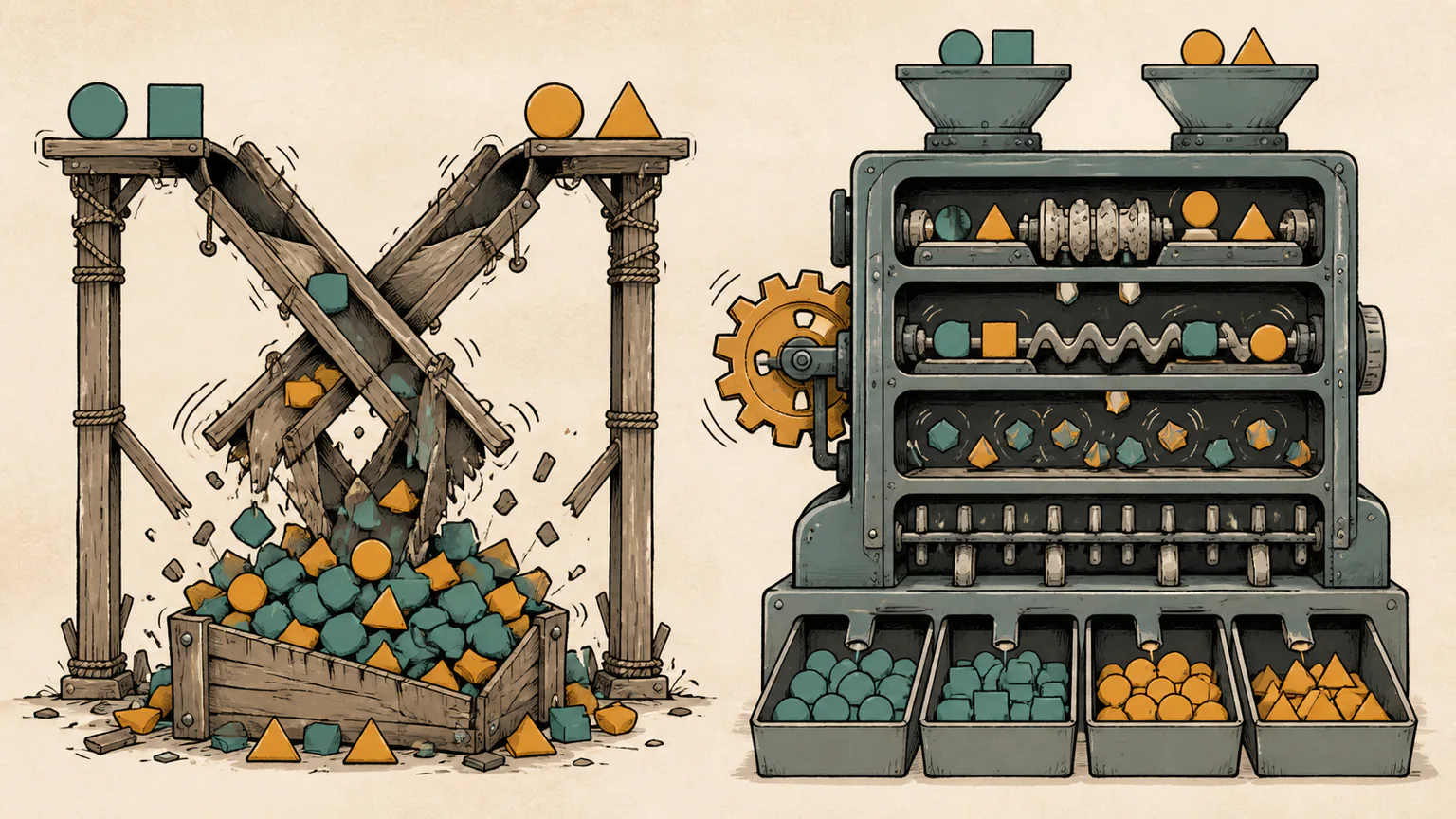 A crude crossing chute drops several paired shapes into the same bin while a layered mixing mill distributes other pairs cleanly across separate compartments