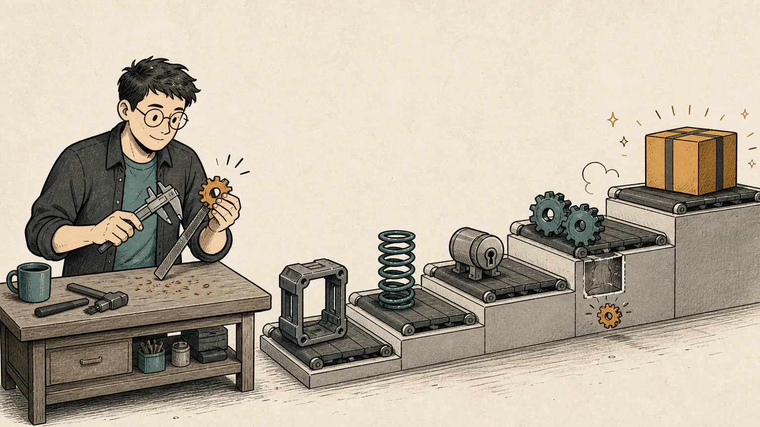 An assembly line of interlocking library modules stops at one undersized network gear while Forest shapes a replacement at a side bench