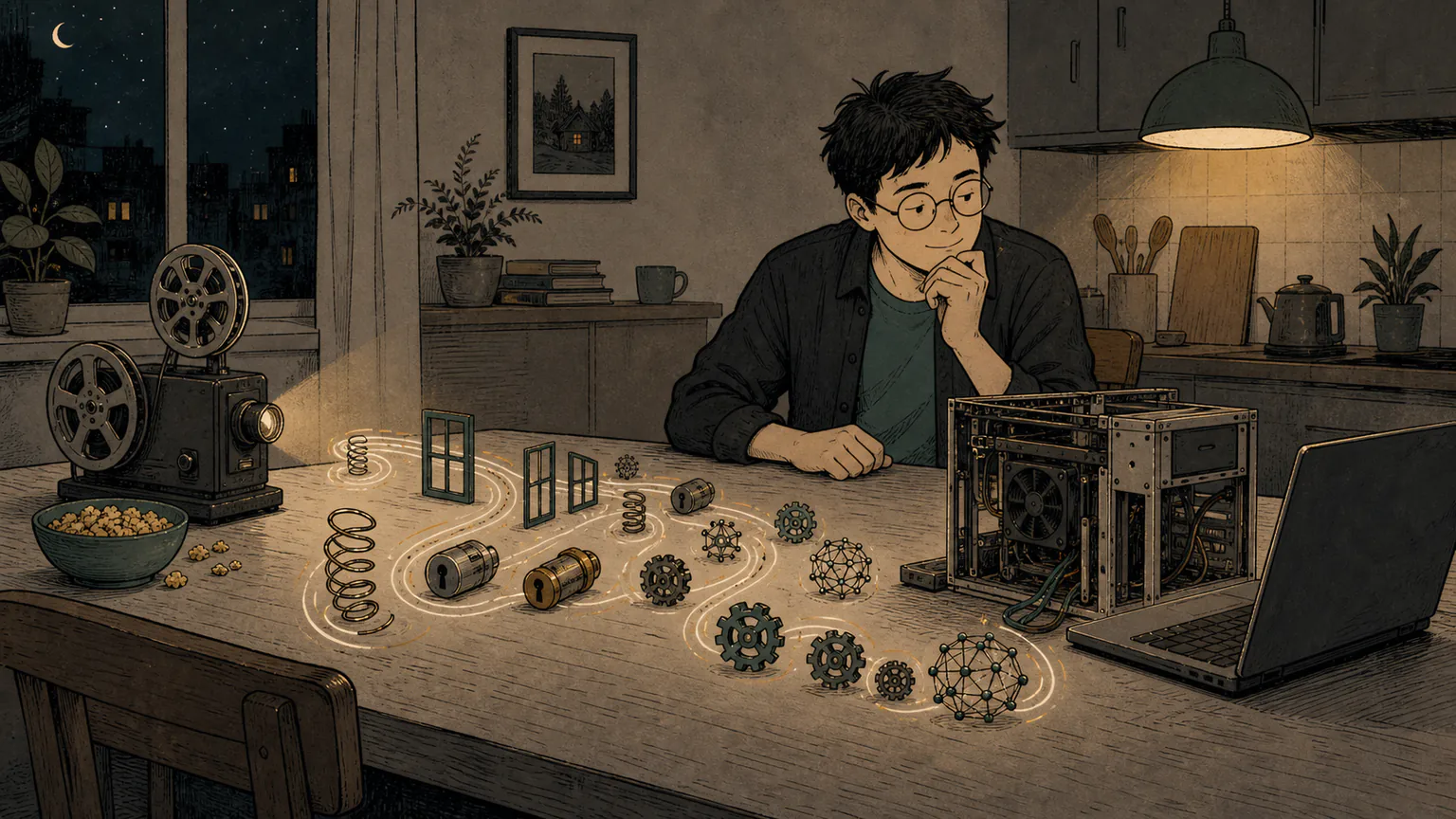 Forest follows a trail of loose dependency parts from an untouched film projector to an unfinished machine beside an unbranded laptop