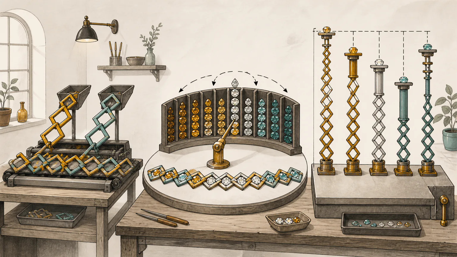 A jewel workshop links two diamond states, alternates sorted pillars from the centre and raises gaps with doubling lifts