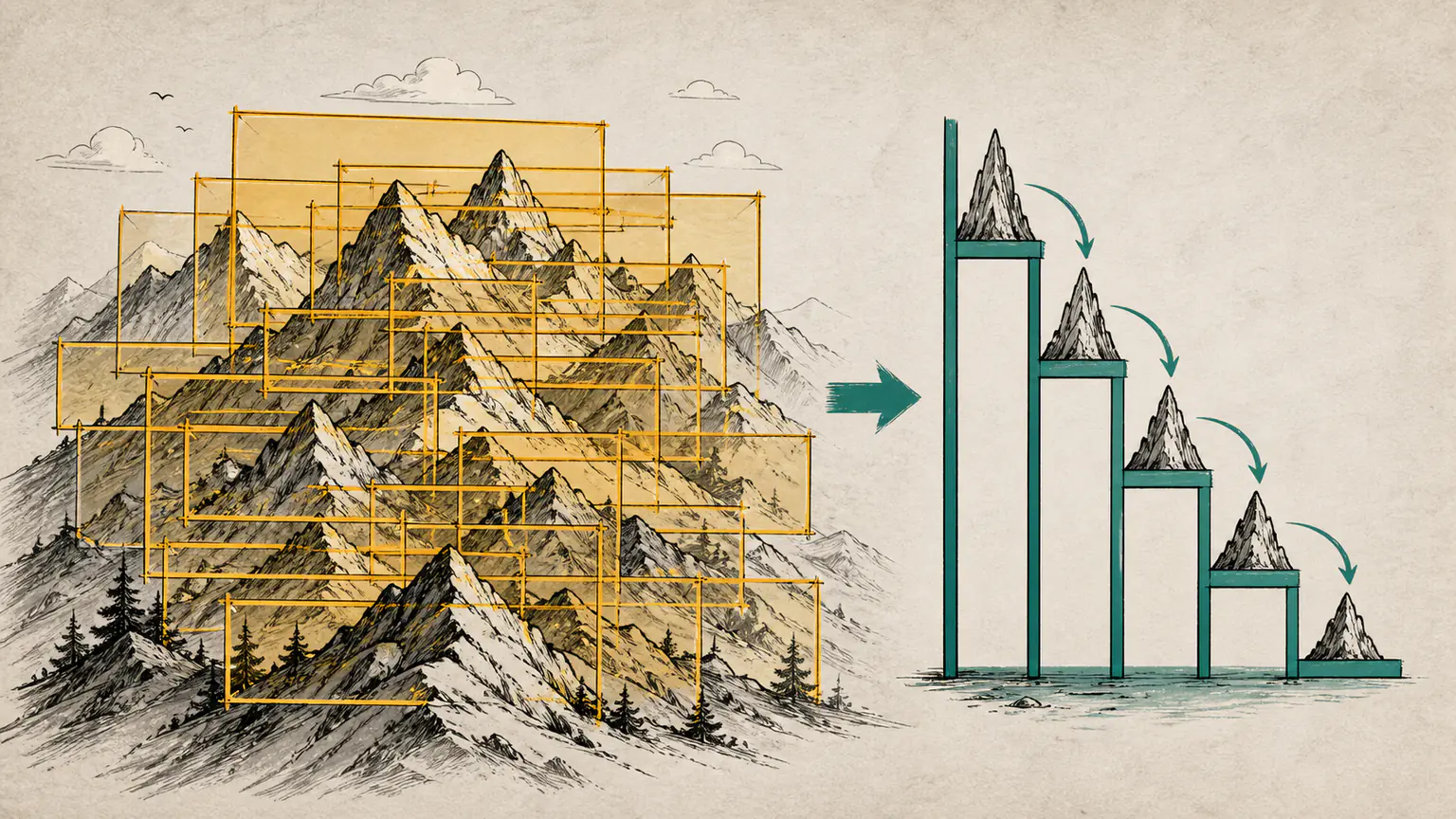 A mountain ridge is buried under overlapping survey frames while a descending rack selects only the nearest taller peak on each side