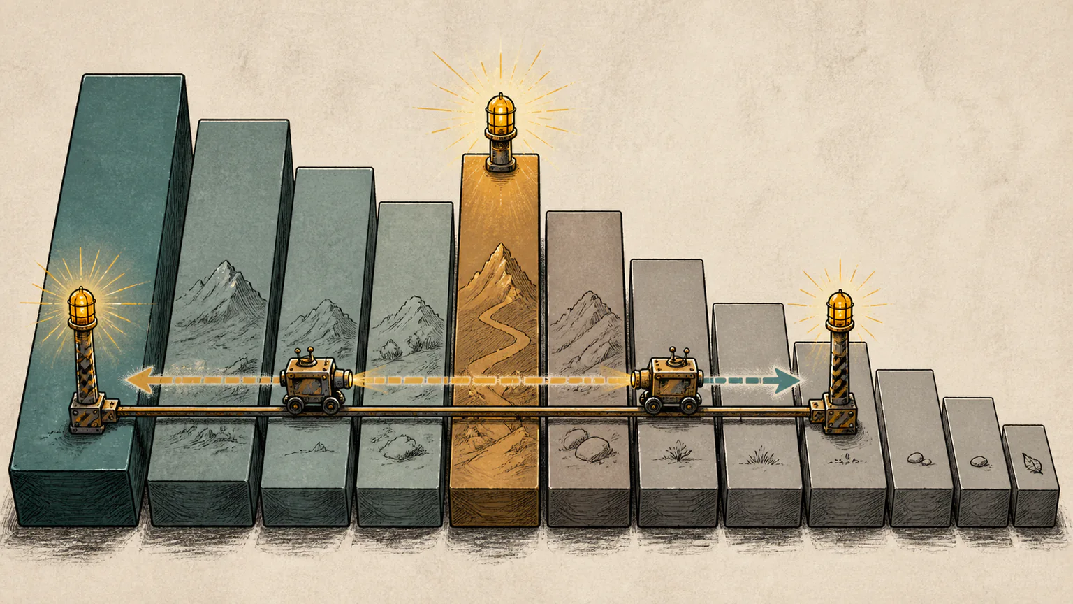 Tall amber beacons along a layered rail line send search carts in both directions until the next beacon blocks the route