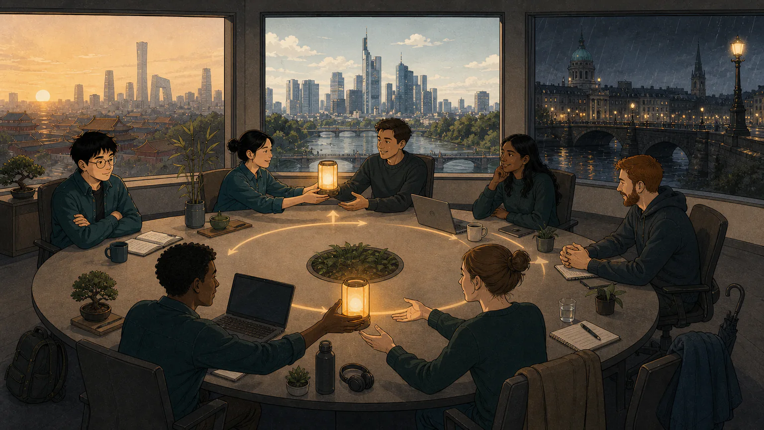 Forest sits at a long desk spanning Beijing and Dublin as morning and evening clocks face a distant US office and three teams relay one service lamp