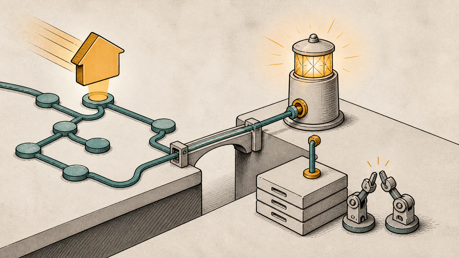 A custom address plaque crosses a domain-routing bridge to a static-site lighthouse secured by a repository anchor