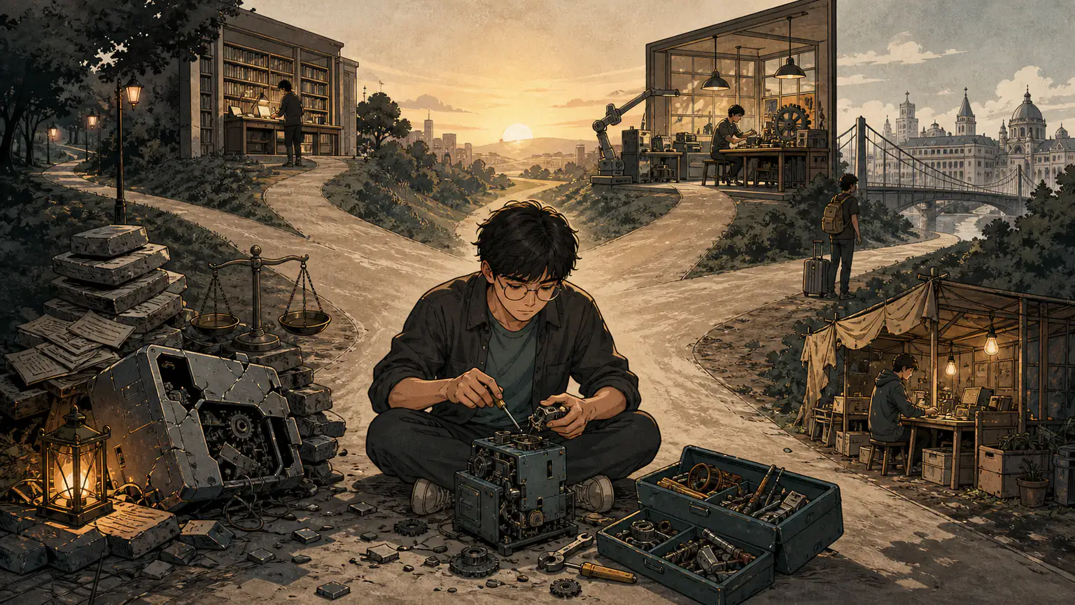Forest stands at four future paths before dawn, carrying the accumulated stones of past coursework while gathering failed compiler pieces into his own toolbox