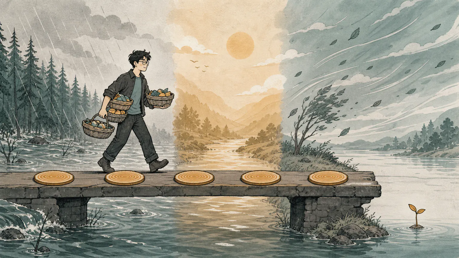 Forest carries several low baskets across a five-ring bridge through flood, heat, and headwind as an amber seedling finally rises above the water