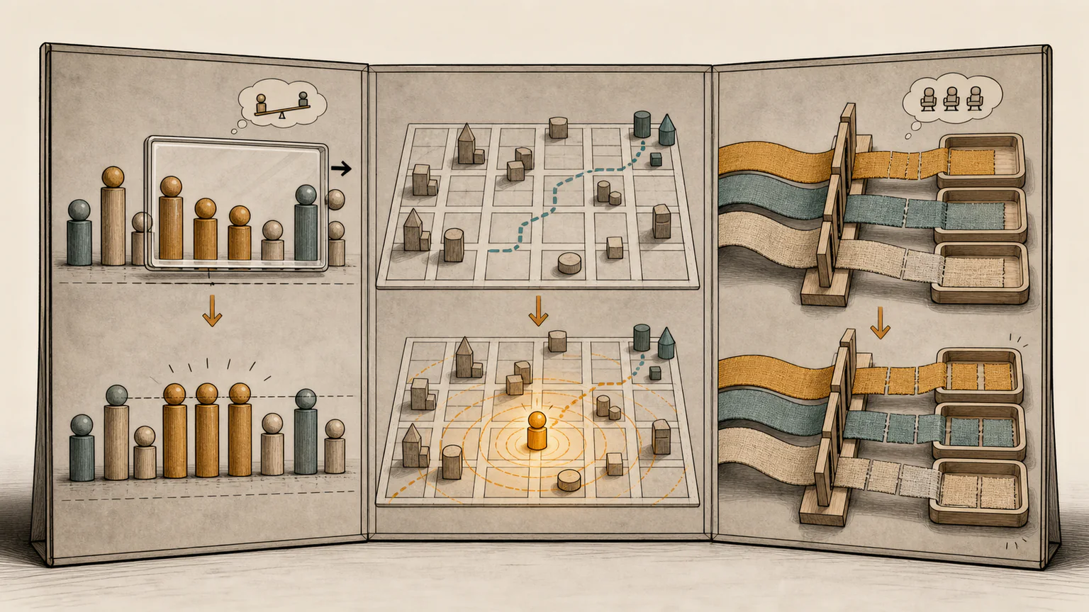 A folded planning board turns uneven training pieces, a distant city grid and overlapping seat ribbons into three increasingly fair arrangements