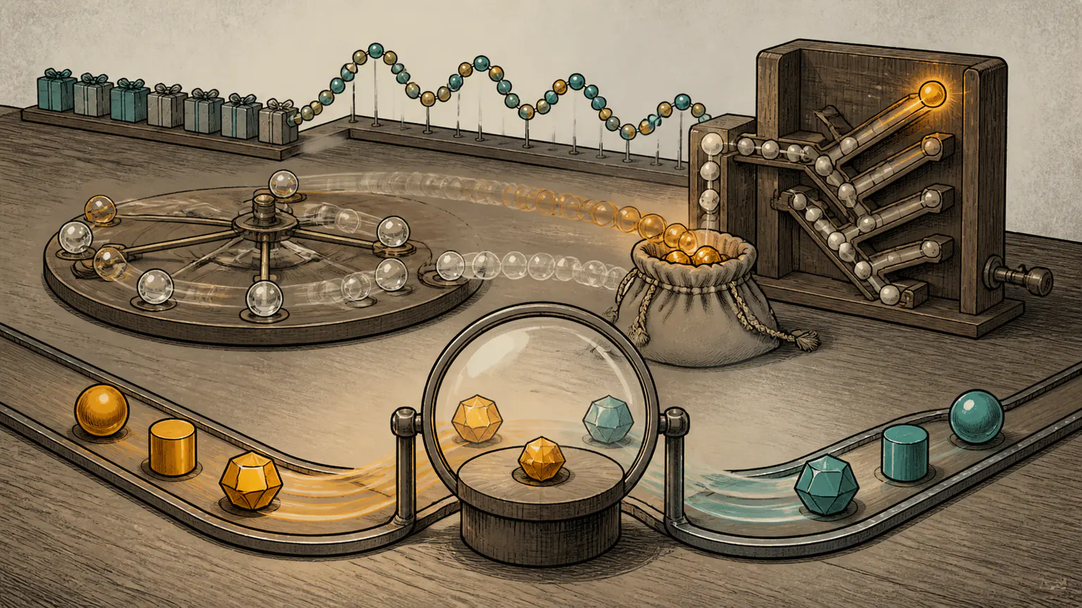 A tactile puzzle bench balances mirrored tokens, fading energy stones and a branching machine that catches the highest gift wave