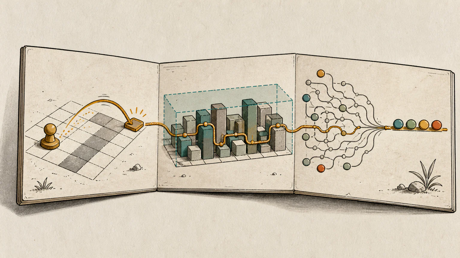 A folded puzzle board transforms three tangled challenges into a skipping grid route, a bounded circuit landscape and a compact path of collected clues