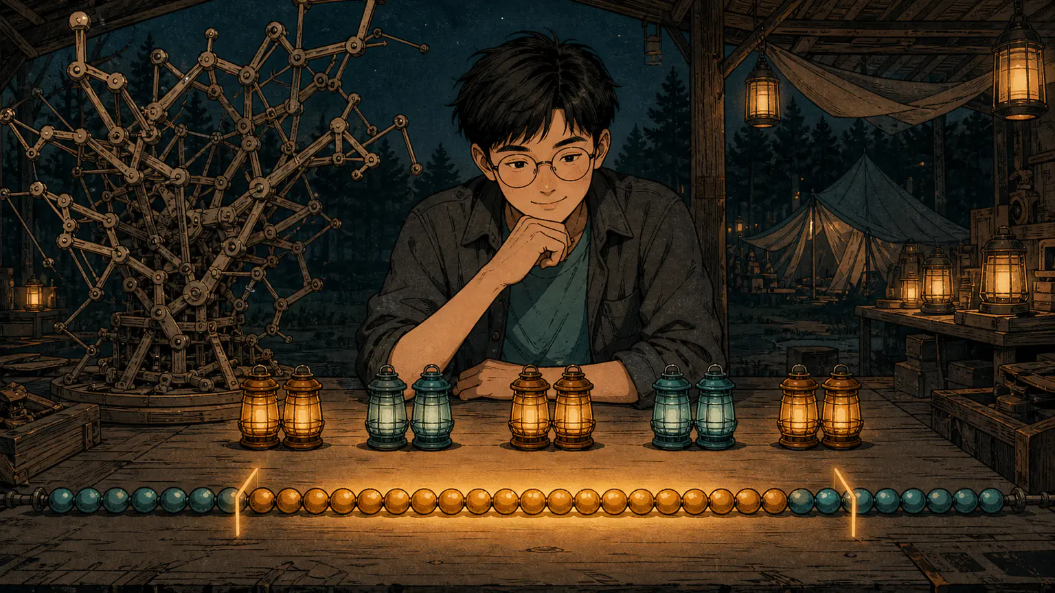 Forest abandons a tangled tree mechanism, pairs parity lanterns and compares two end trims on a long bead interval
