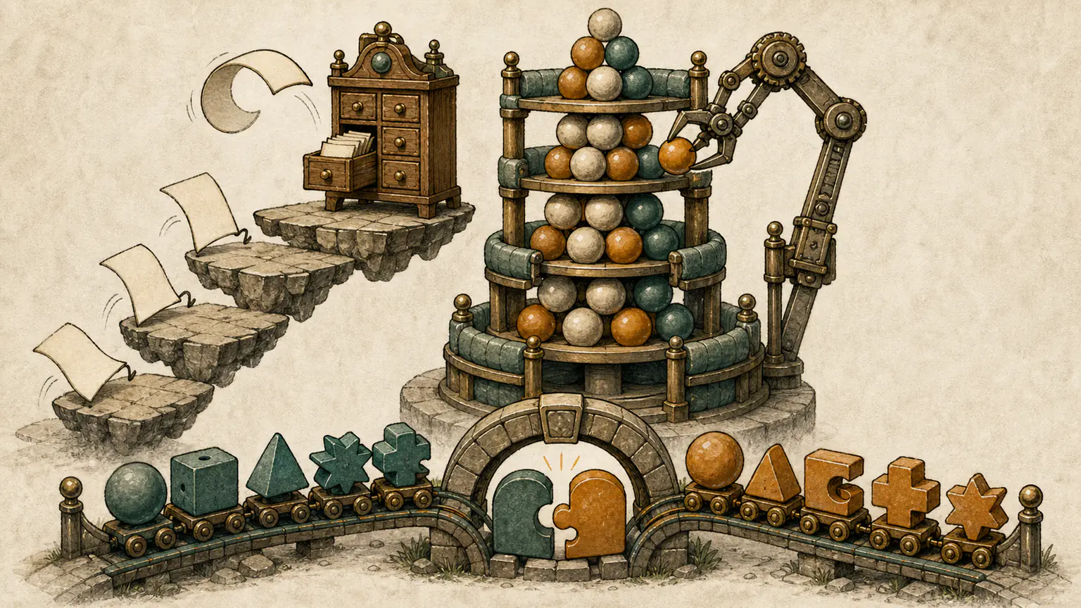 Blank book leaves climb a shrinking staircase, guarded beads descend a tall bit tower, and two puzzle caravans meet halfway