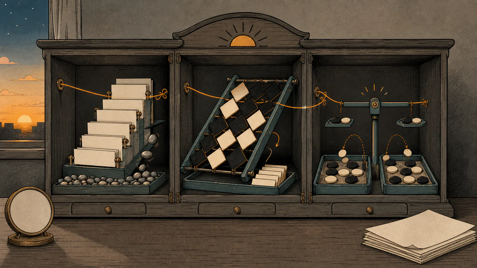 A predawn puzzle cabinet links rising blank-paper steps, a diagonal tile loom and a balanced arrangement of coloured counters