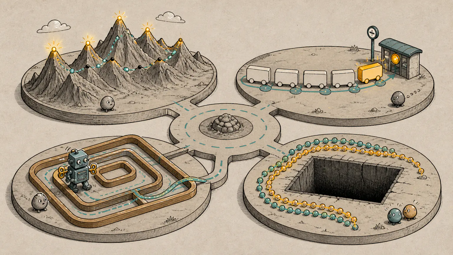 Four connected travel dioramas show a highlighted mountain peak, backward bus tokens, a nested mechanical path and probability beads skirting a dark grid hole