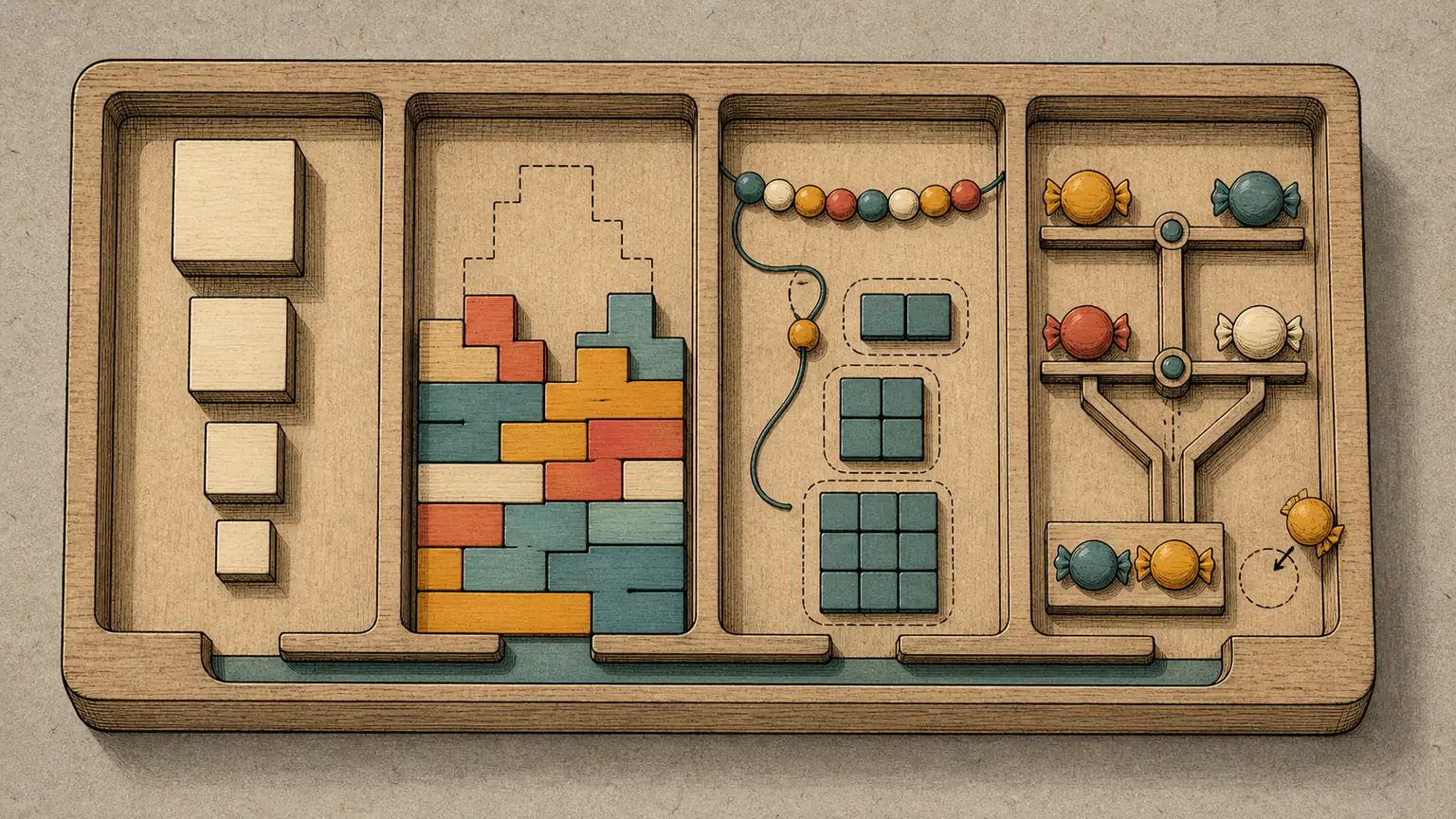 An overhead wooden puzzle case contains descending blank blocks, a dependency wall, square-making beads and two branching balances for alternating candies