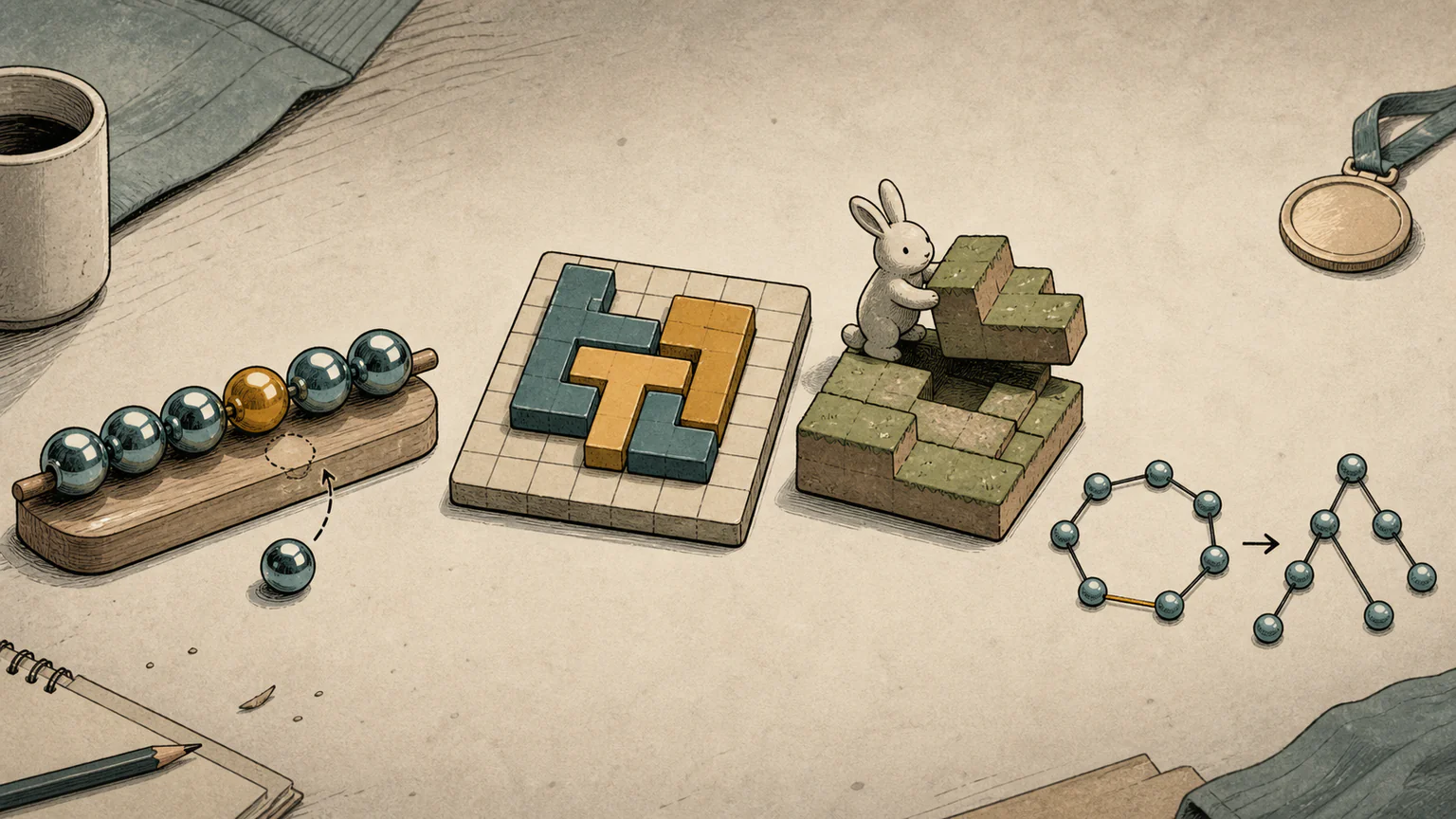 A calm tabletop of four tactile puzzles shows mirrored beads, L-shaped tiles, rising rabbit terrain and a network ring opening into a tree