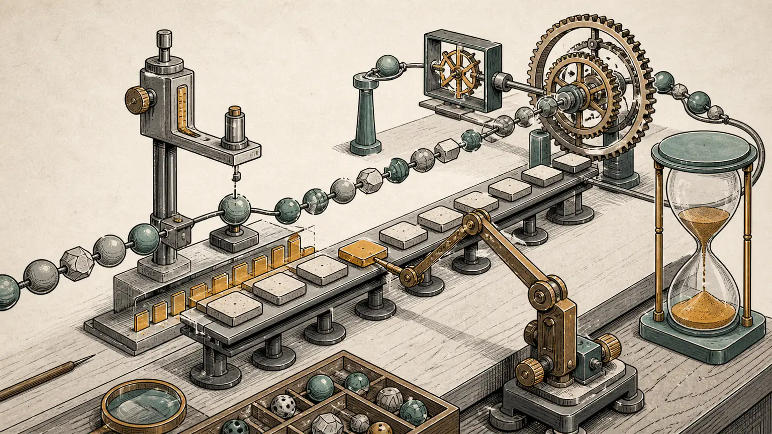 An ascending bead run grows beneath a progression rail while an adjustable stone and nested gears expose a slower route