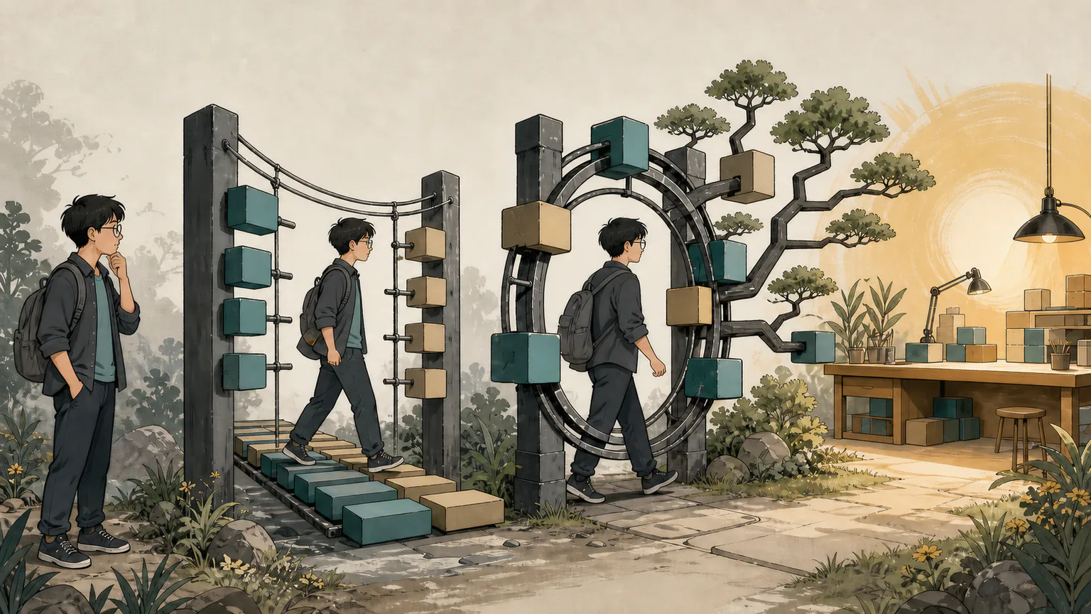 Forest crosses two unmarked interview gates along a route of array tracks, memory boxes, and tree branches toward a bright internship workbench