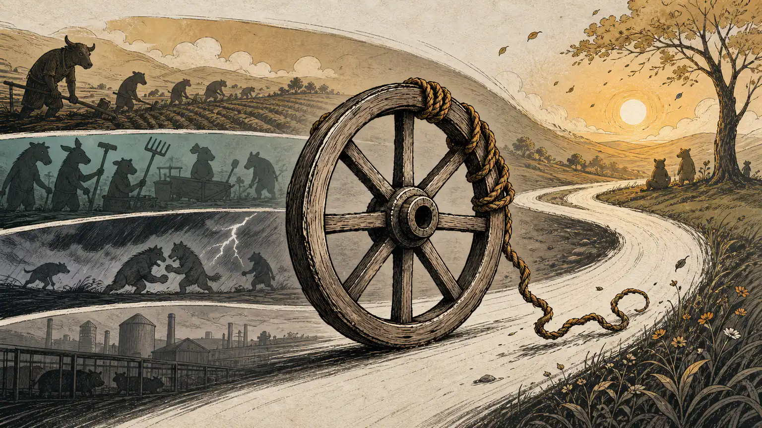 A weathered six-spoked wheel crosses five animal-shadow landscapes and storms of social change before its knotted cord loosens in warm light