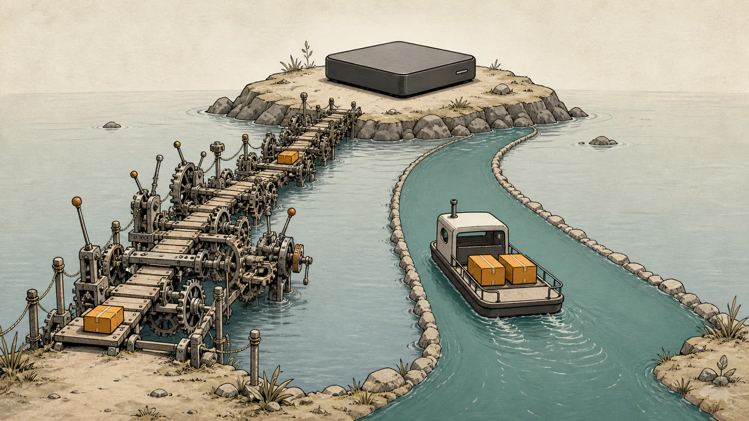 Two routes approach a read-only external drive, with a complex hand-built bridge beside a small helper ferry carrying write parcels across