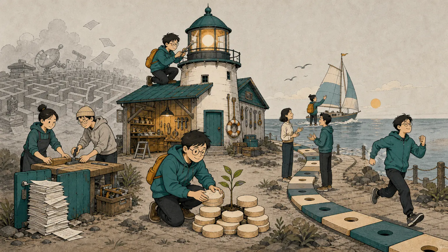 Forest repairs a lighthouse workshop powered by reliable teamwork, careful saving, engineering practice, communication, and exercise