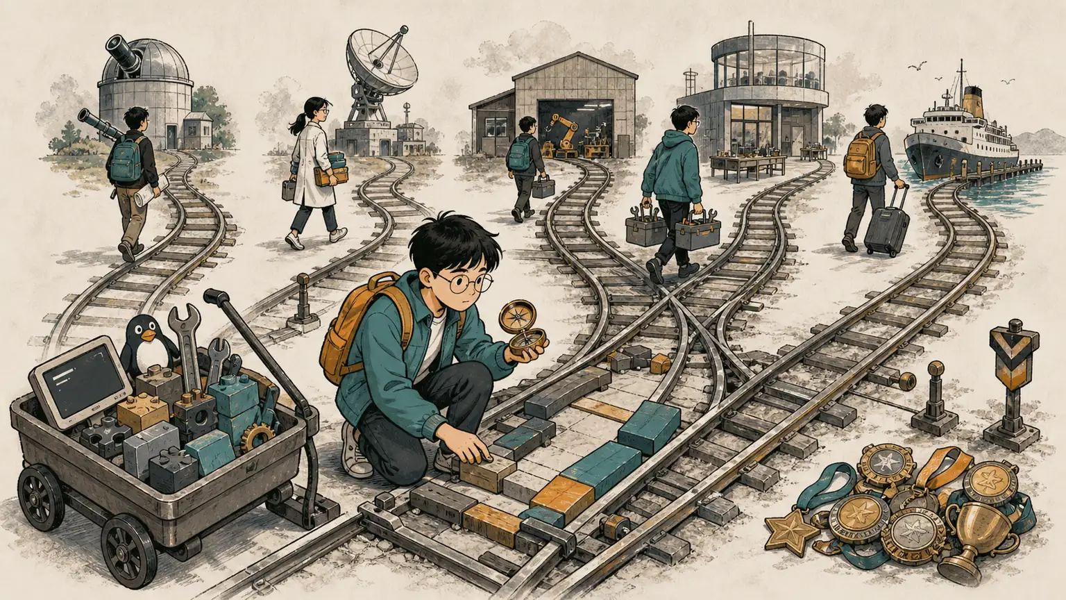 Forest rebuilds a railway junction from broad foundation tools while specialized routes lead toward research, engineering, algorithms, and an overseas ferry