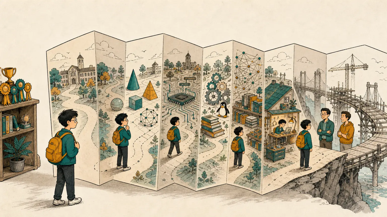 A younger Forest follows an accordion campus map that adds mathematics, computer systems, a small web workshop, mentors, and an unfinished bridge