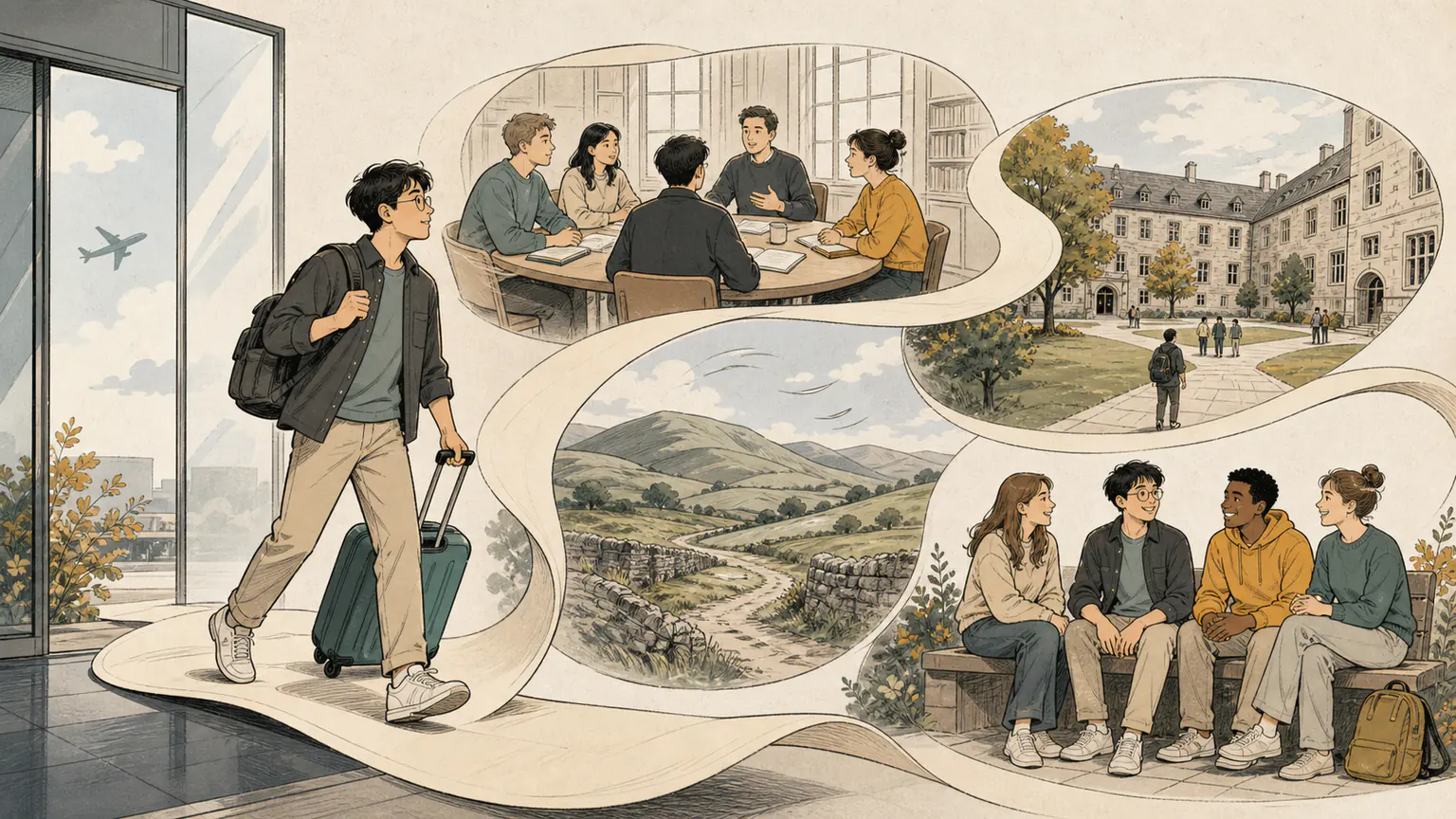 Forest carries a suitcase onto his first overseas journey as a paper-map road links an airport, a classroom, a college courtyard, grey hills, and new friends waiting ahead