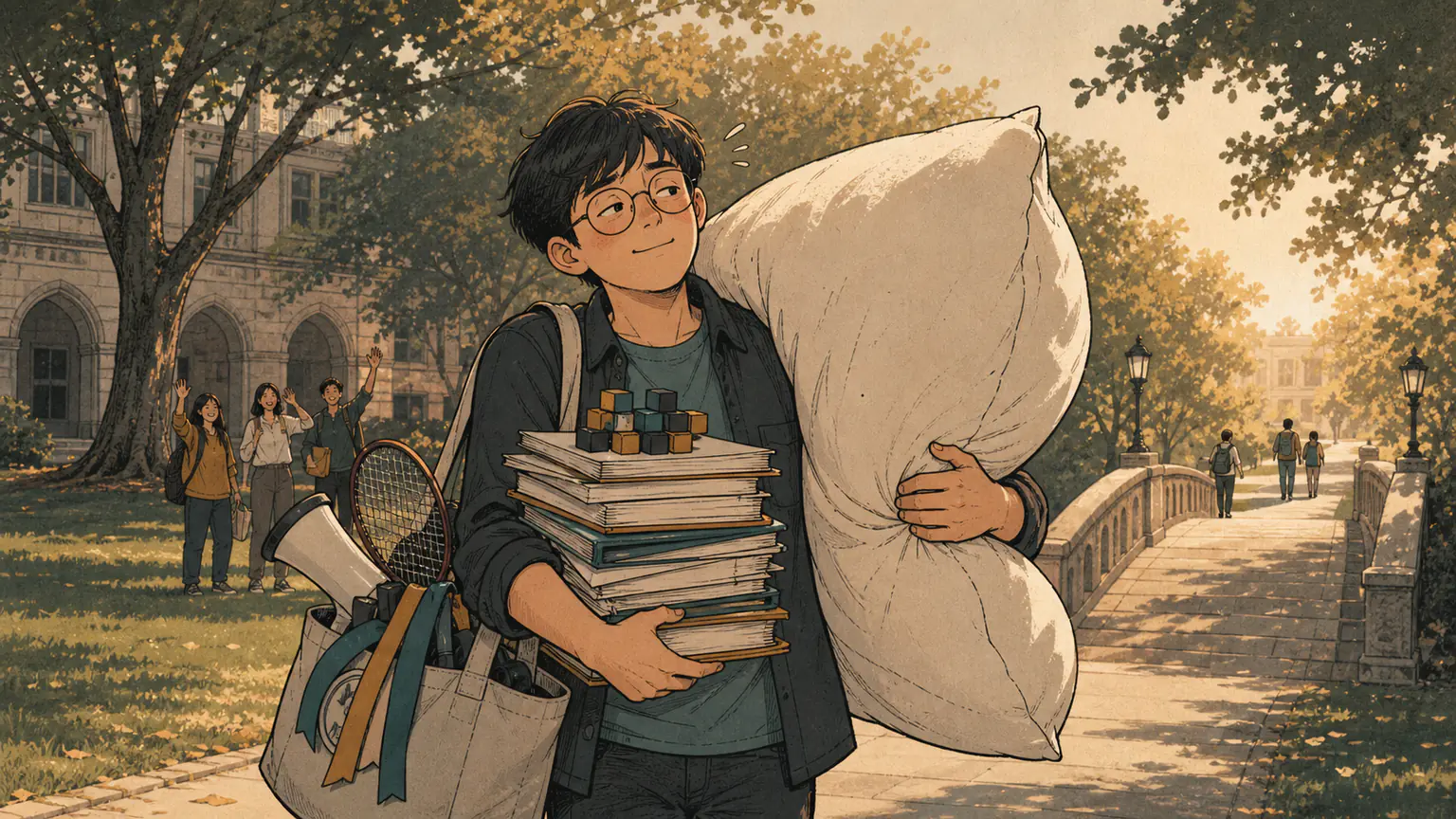Forest pauses midway along a campus path with coursework and debugging blocks, student-club props, and an oversized pillow while looking toward friends and a bridge ahead