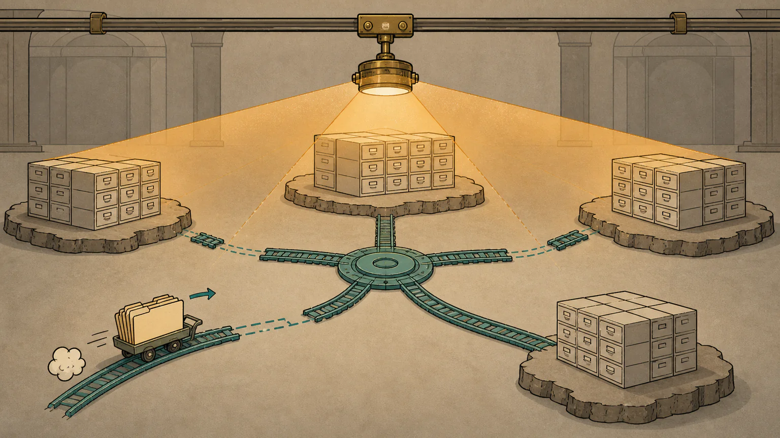 An indexing lamp connects overlooked local file shelves to one catalog so its search beam reaches every folder reliably
