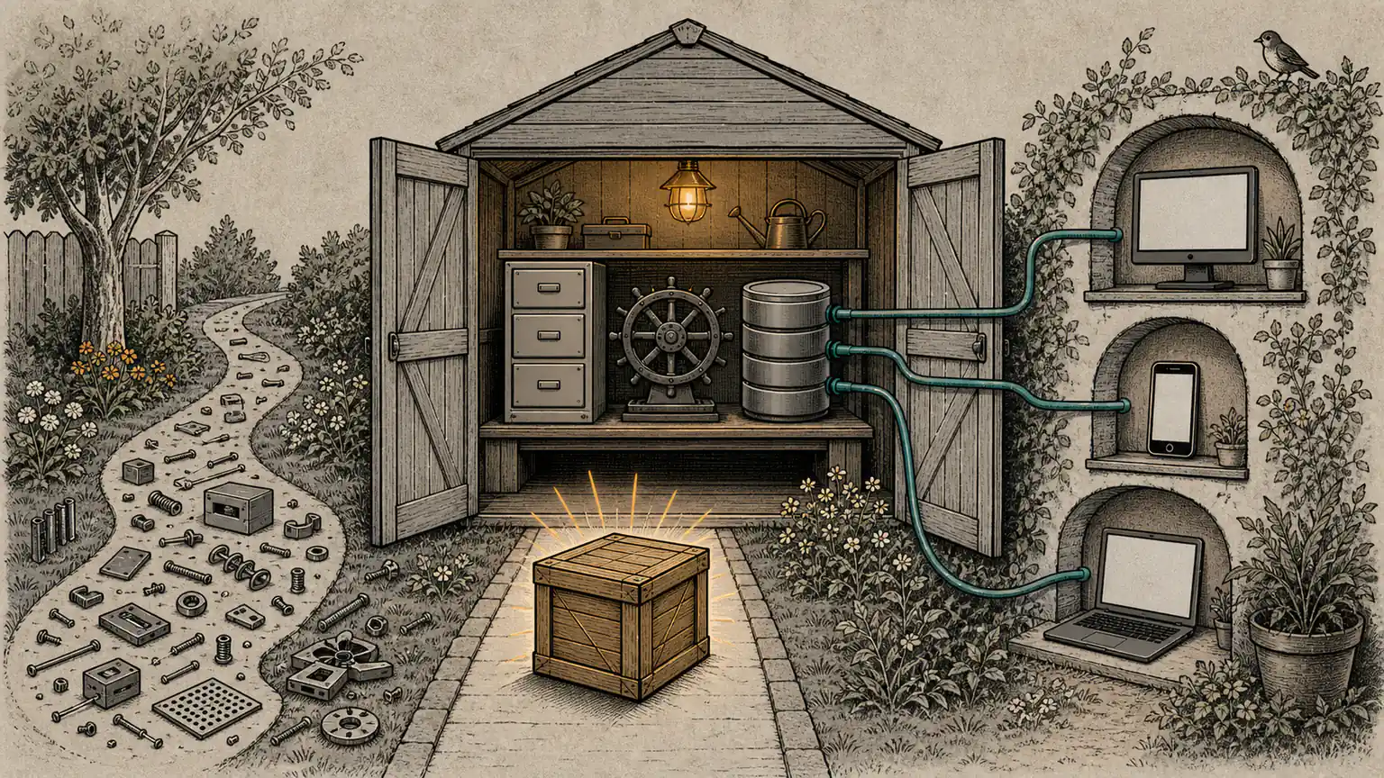 A small self-managed cloud locker in a garden shed securely distributes personal files to several unbranded devices