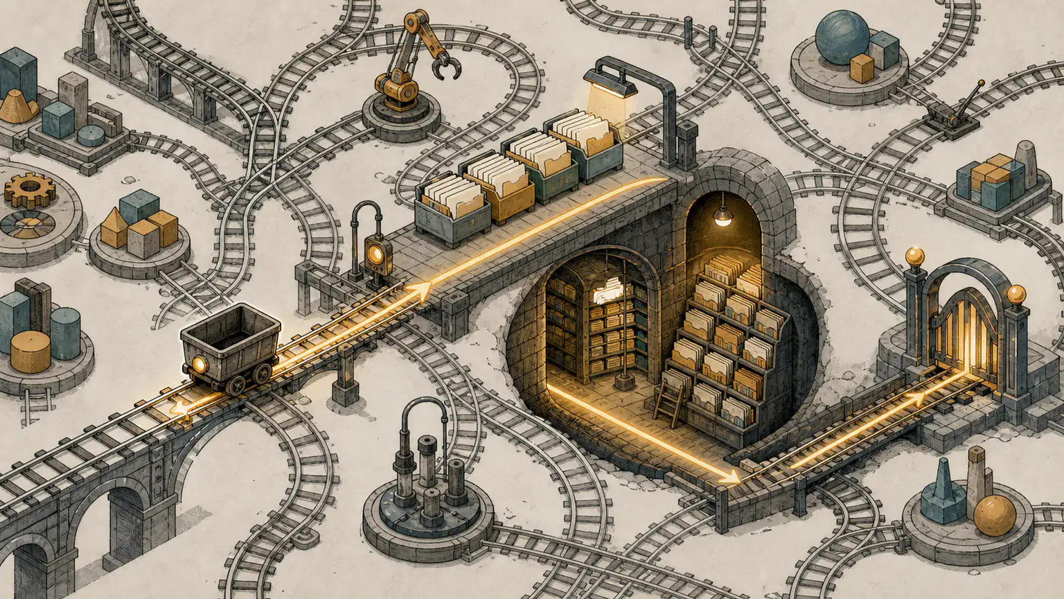 A small build cart follows blank catalogue cards through a rail junction to the correct header crates, library vault, and linking gate