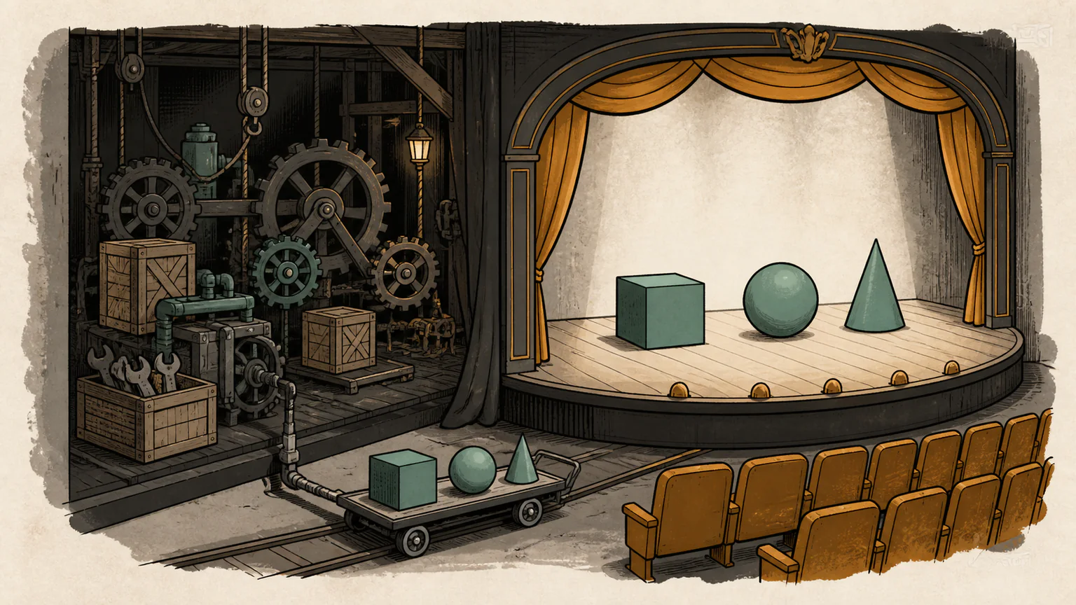 A library stage exposes only the components used by visitors while private gears and support machinery remain connected backstage