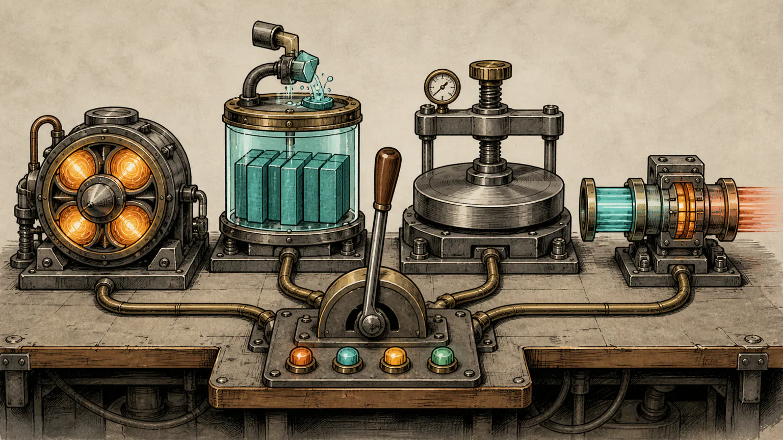 One unmarked control lever adjusts the load on a processor wheel, a memory-block tank, a disk rotor, and a two-ended network conduit