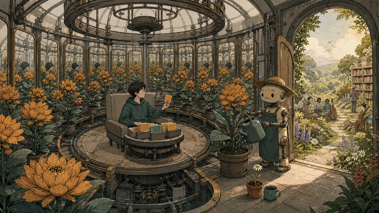 A mechanical gardener multiplies the reader's chosen flower inside a narrowing mirrored greenhouse while a diverse garden waits outside