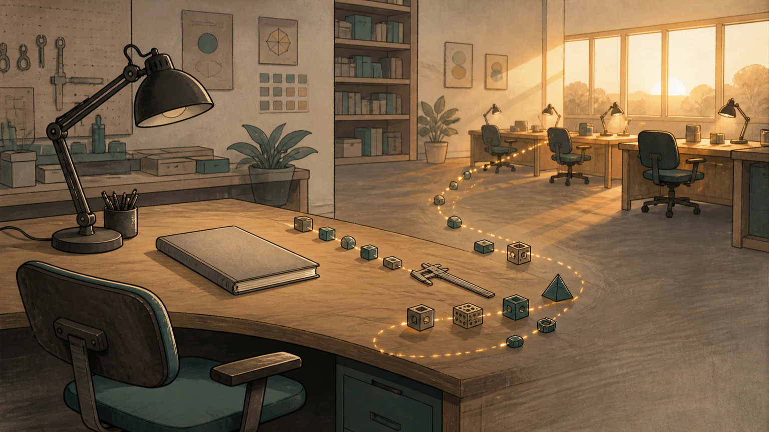 An empty workshop chair at dawn faces a closed blank notebook while a trail of small learning tools continues toward younger desks in the light