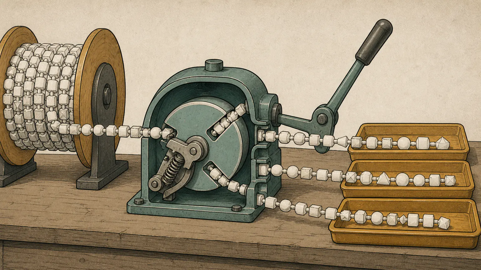 A continuous bead ribbon enters a splitter once, then an empty handoff lever releases the remembered remainder in tidy segments