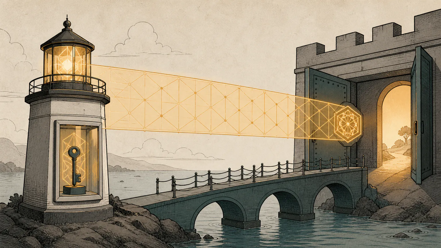 A private key remains safely inside a home lighthouse while its matching public pattern opens a distant server gate