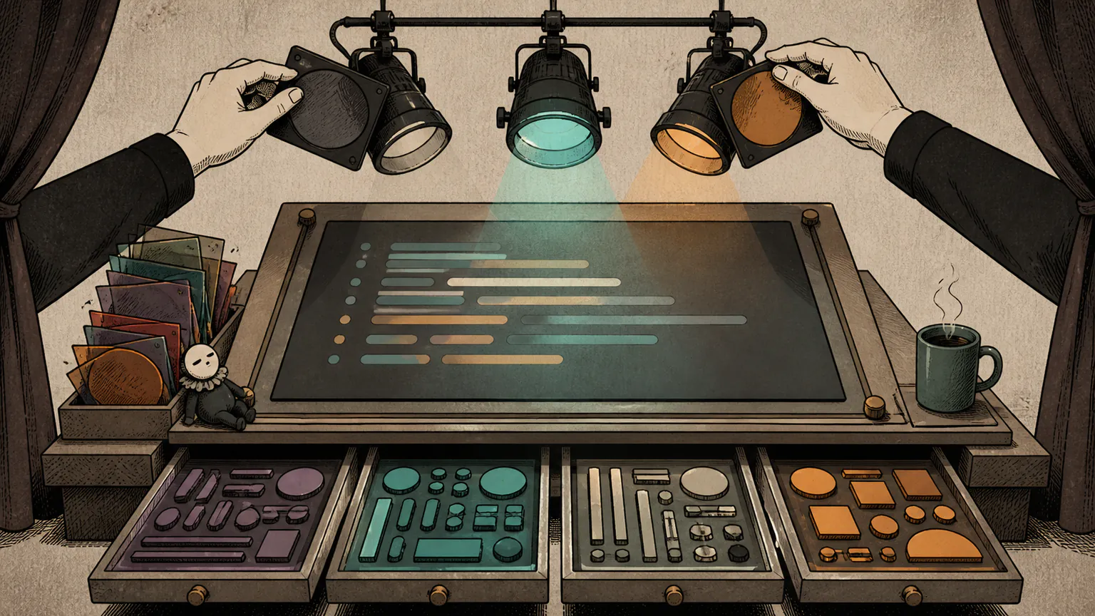 A modular editor desk swaps language-specific tool trays and adjusts stage-light filters until the workspace feels comfortable