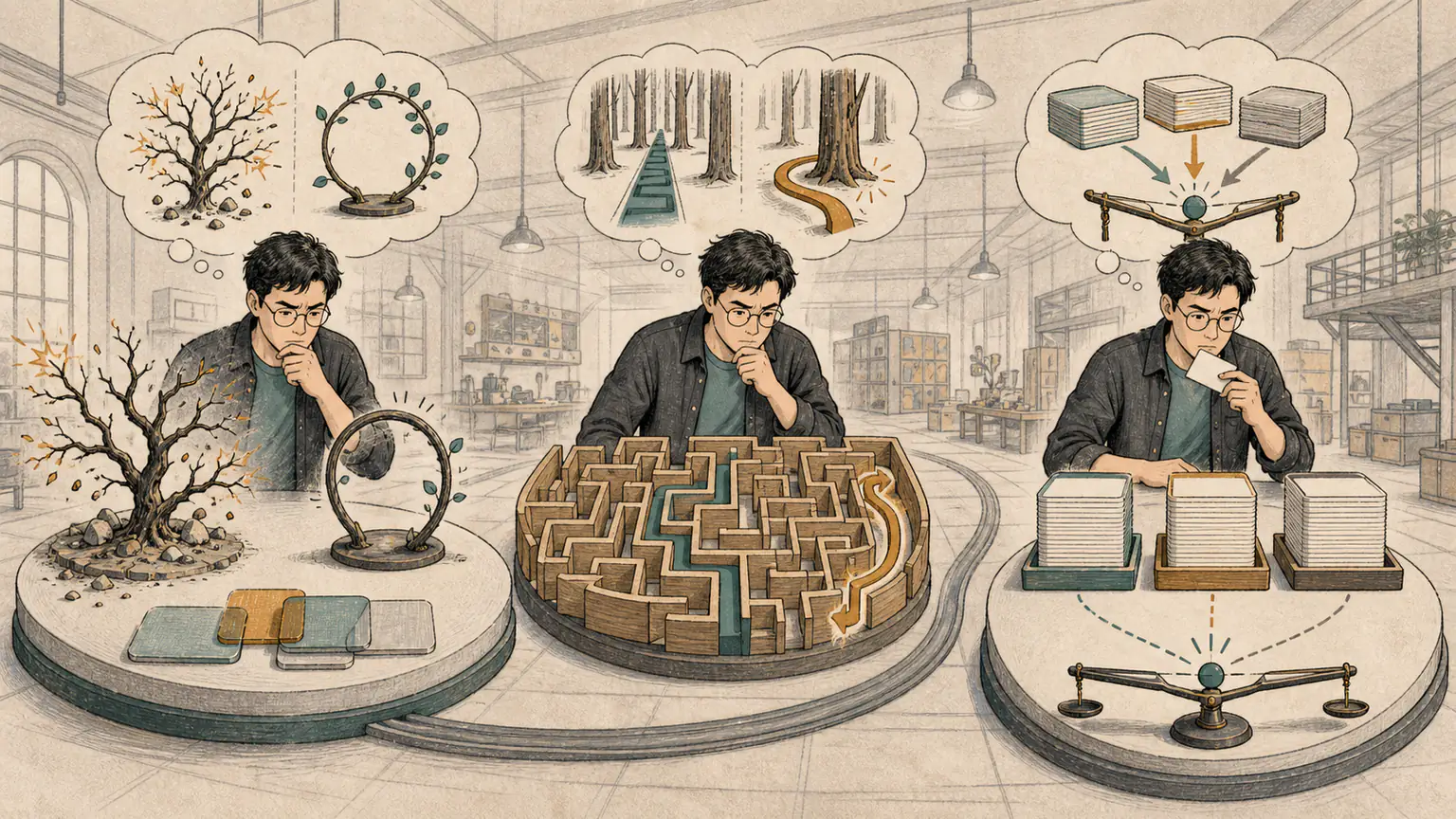 Forest moves through three engineering benches with a narrowing recursion coil, overlapping memory blocks, tree paths, joined data cards, and a rounding balance