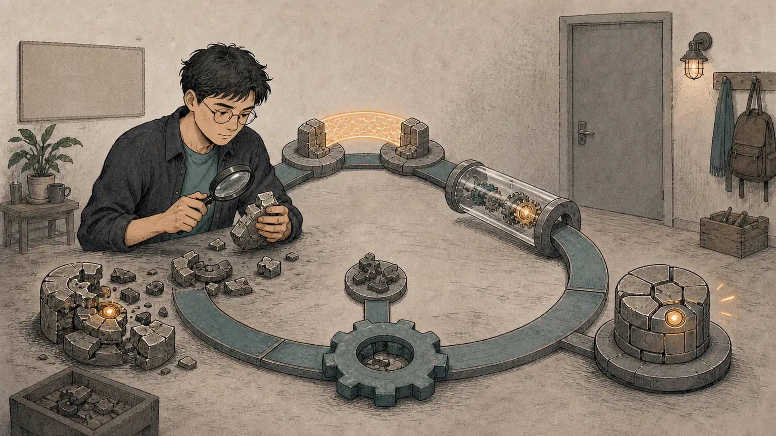 After a blank door closes, Forest sends rejected puzzle pieces through a magnifier and feedback loop to rebuild a clearer and sturdier solution