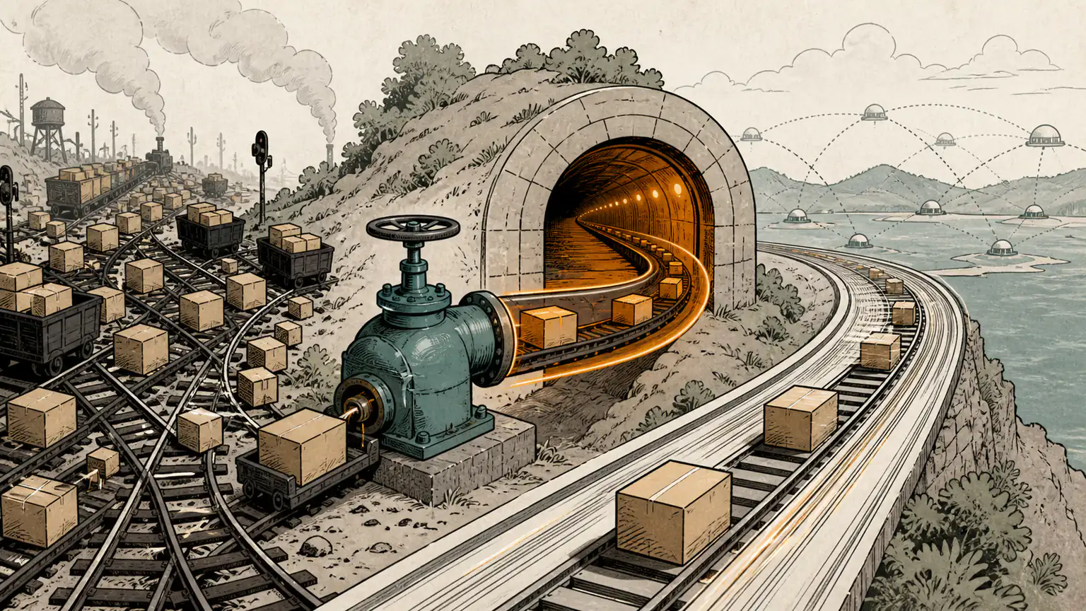 Data parcels leave a congested dock through a teal relay pump and amber proxy tunnel before joining an open remote network track