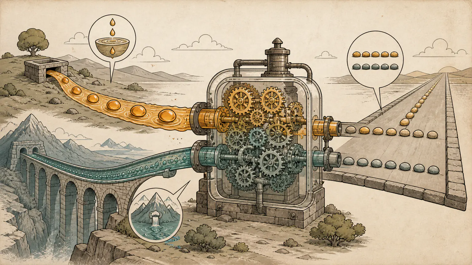 Two clocks with different origins and tick mechanisms pass through conversion gears and align on one timeline