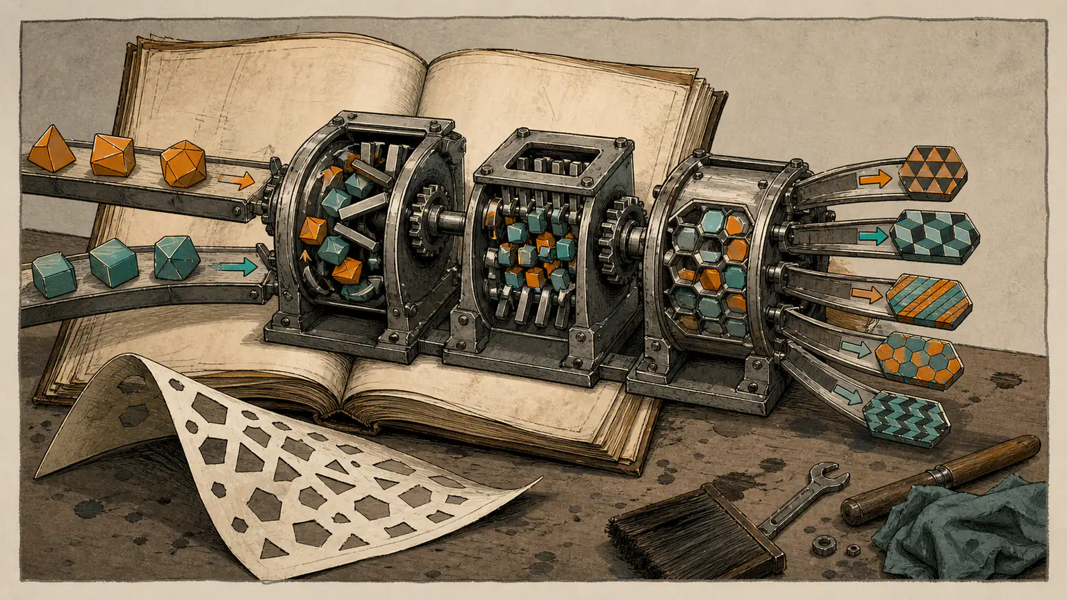 An old unlabelled workshop manual unfolds into a layered mixing mechanism that turns two components into several distinct key patterns