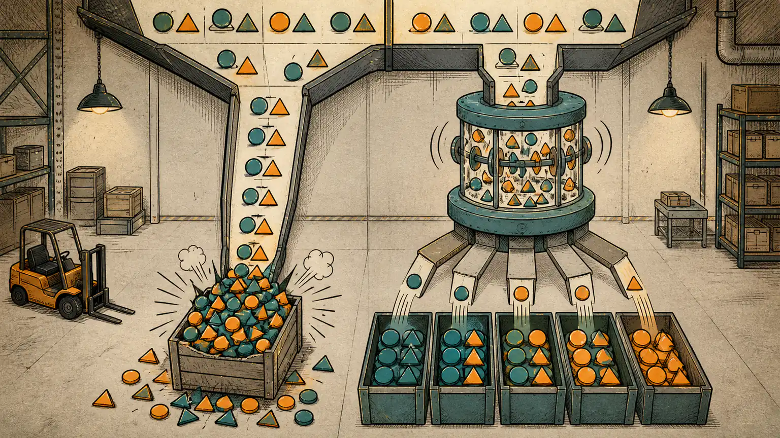 Swapped pairs of geometric tokens jam one symmetric sorting chute while a better mixer distributes each combination across separate bins