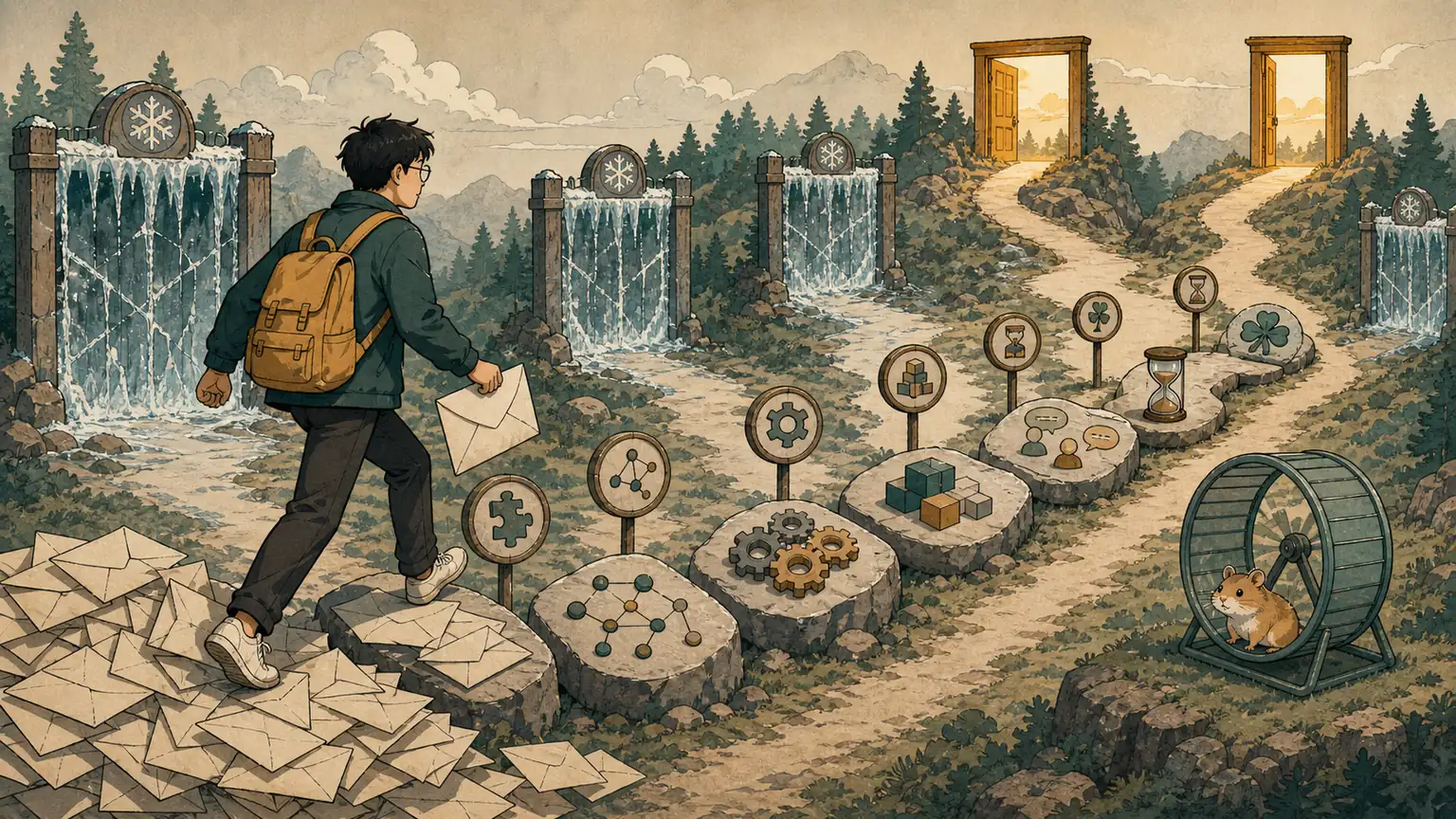 Forest 跨过申请信、算法石、设计齿轮和行为故事卡，绕过冰封大门走向两扇暖光门