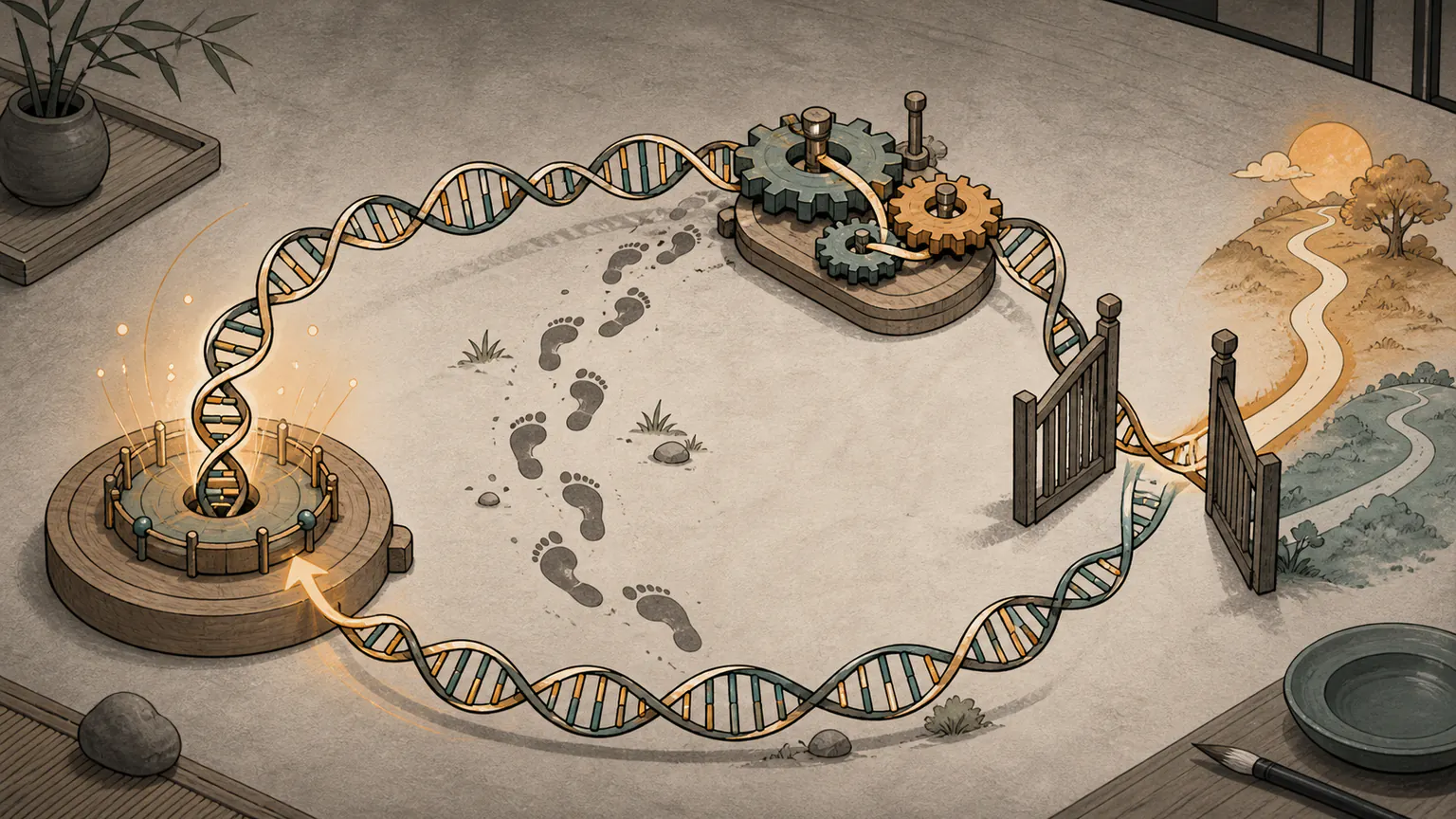 一条 DNA 双螺旋穿过脚印、环境齿轮和一扇敞开的岔路门，最终绕回自身形成基因与行为相互影响的循环