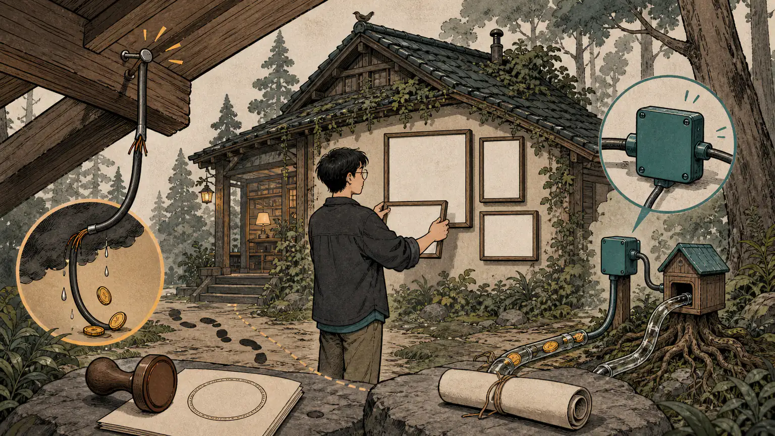Forest 在博客小屋外安装空白广告画框，并比较直接改屋梁与使用可拆接线盒的两条接入路径